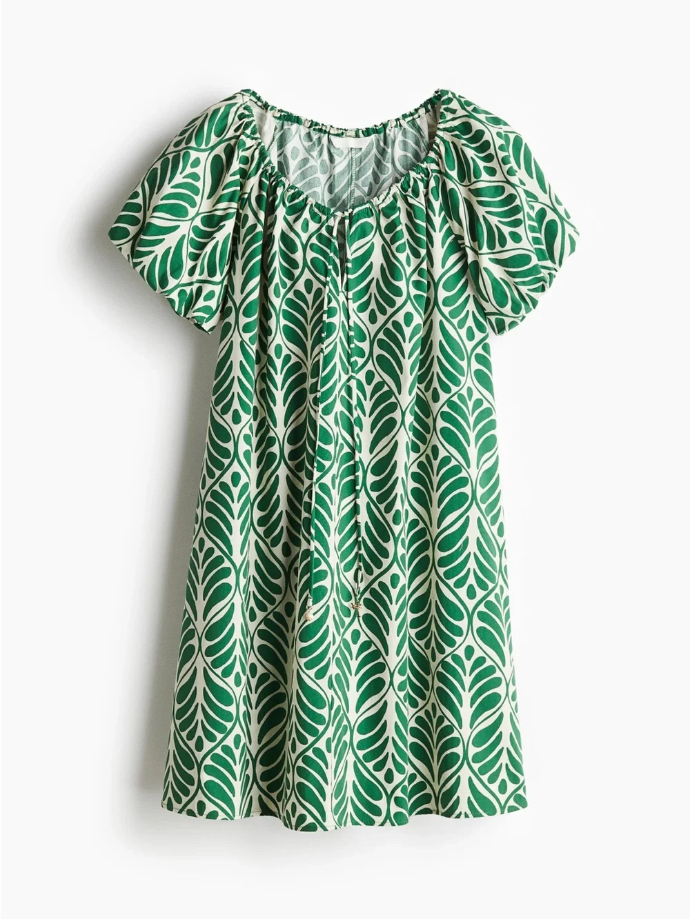 H&M Green and Cream Leaf-Print Peasant Tunic